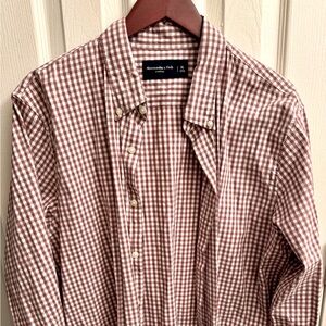 Abercrombie & Fitch Stretch-Fit Button Down Gingham Shirt- Red/Wh Plaid, XL